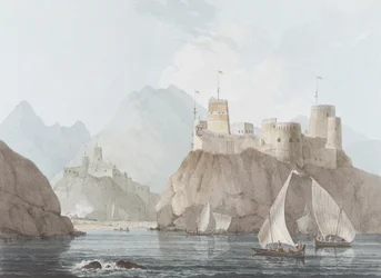 Vista Leste dos Fortes Jellali e Merani, Muskah, Arábia, junho 1793 (wc, caneta e tinta sobre papel)